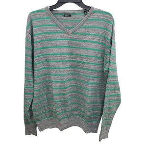 PD&C Men's Heather‎ Gray Bright Green Stripe Preppy Academia V-Neck Sweater Sz M